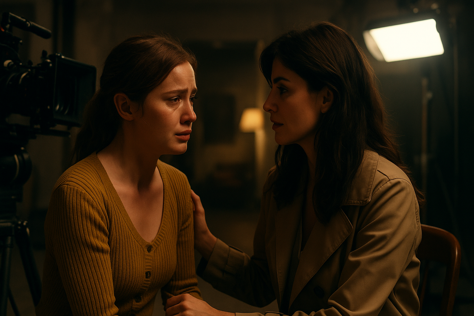 Dos actrices se enfrentan en una escena intensa en un set de rodaje; una, con lágrimas en los ojos, recibe apoyo de la otra mientras las cámaras y focos capturan el momento emocional.        Ask ChatGPT