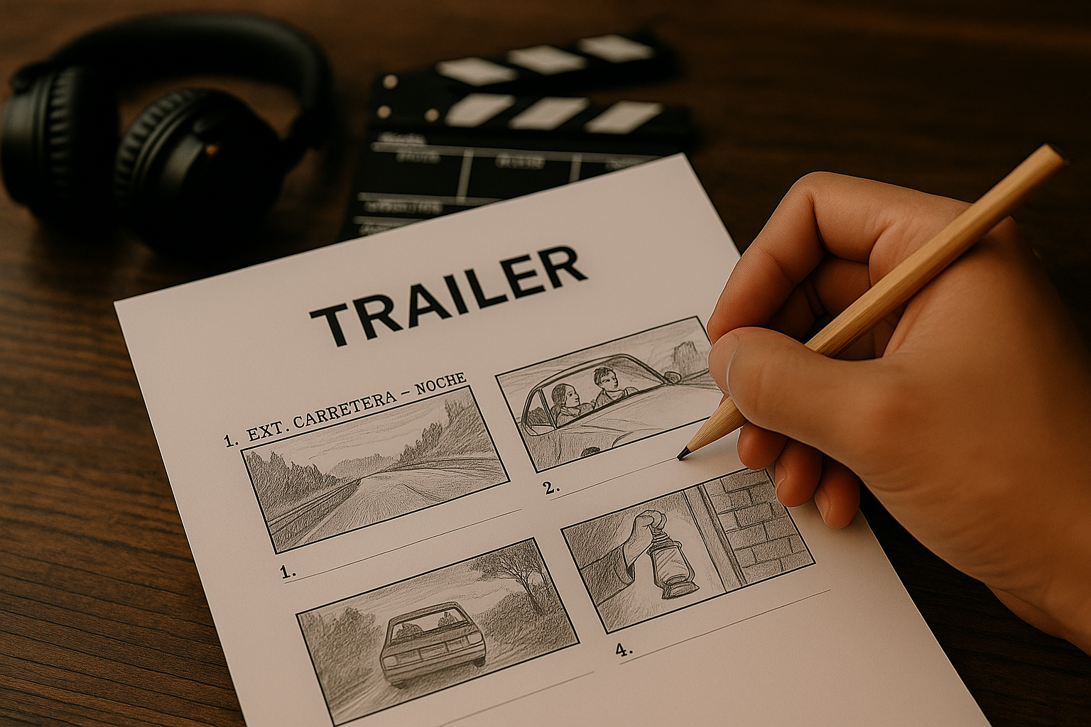 “Mano con lápiz dibujando un storyboard titulado ‘TRÁILER’ en una hoja de papel, junto a auriculares y claqueta sobre una mesa de trabajo audiovisual.”