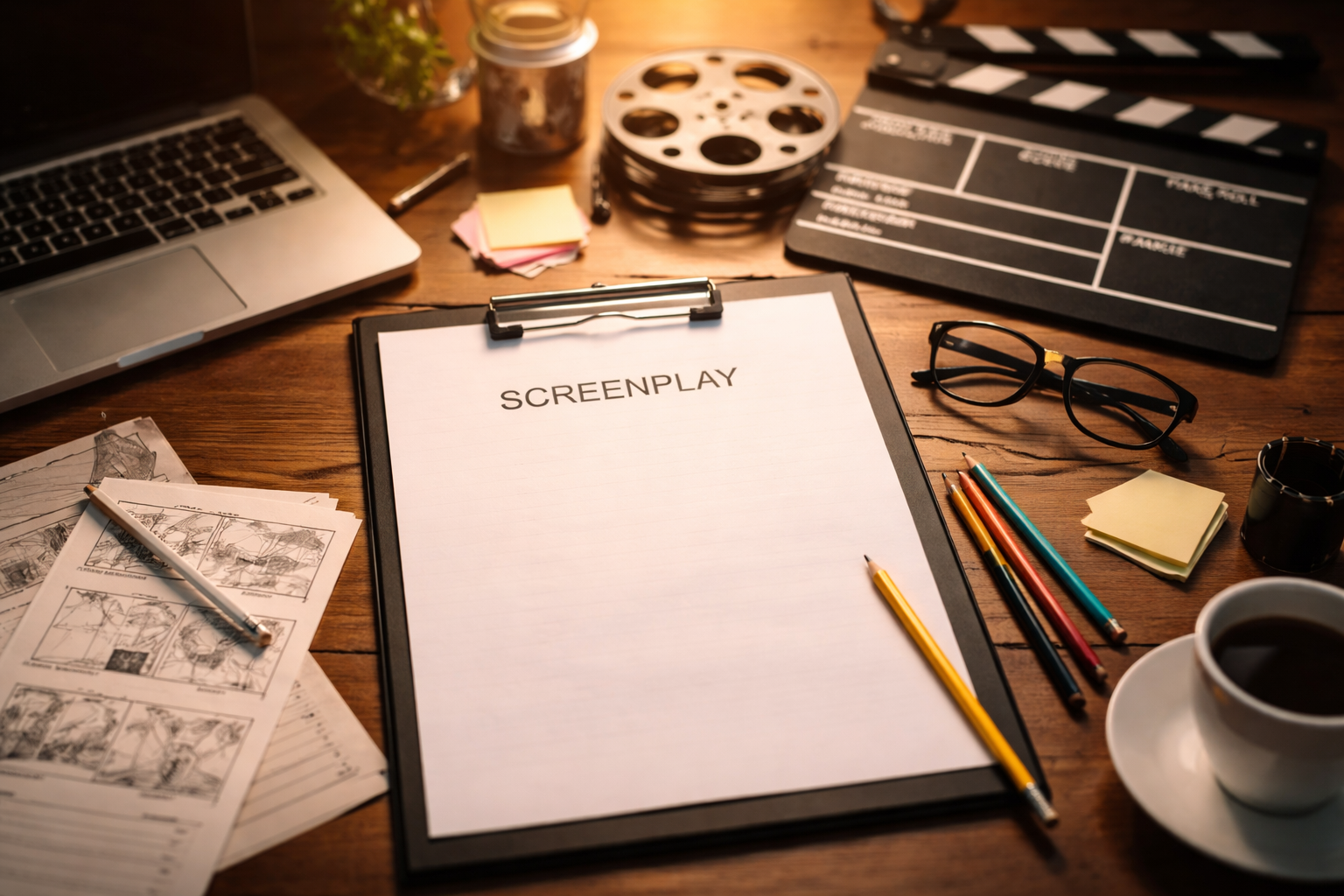 “Guion de cine en blanco sobre una mesa con claqueta, portátil y material de escritura.”