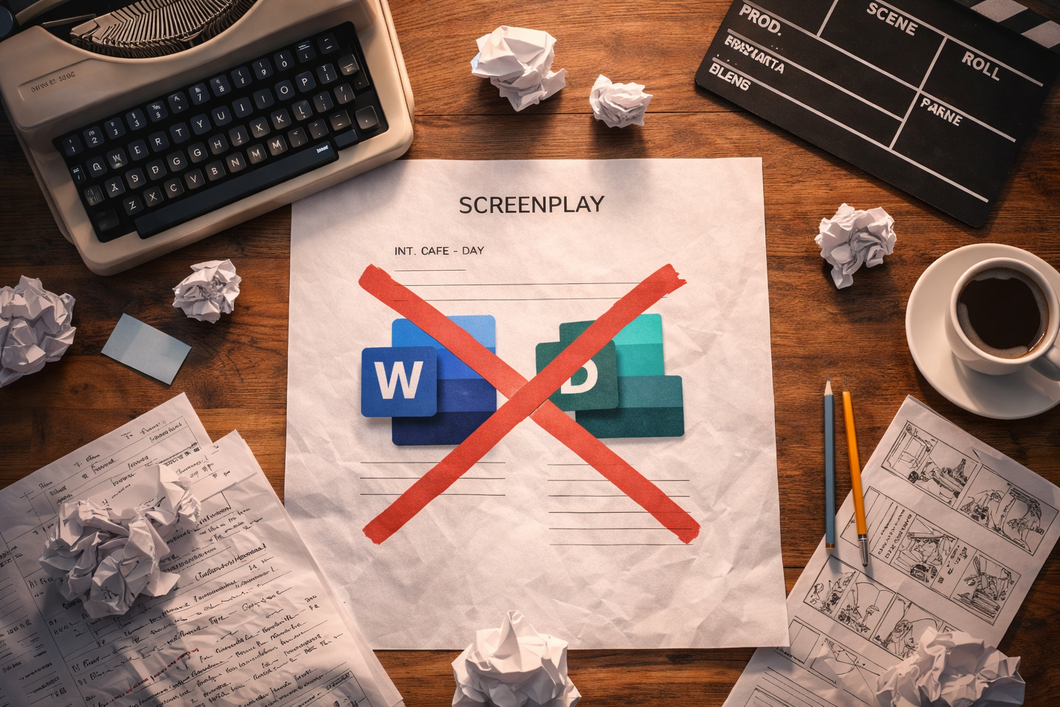 “Mesa de trabajo con un guion tachado sobre iconos de procesadores de texto y herramientas de cine.”