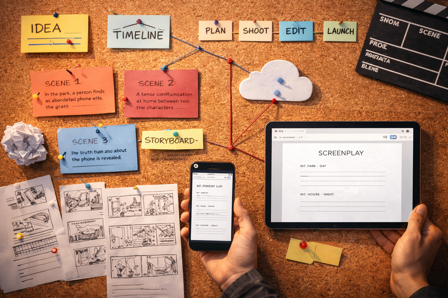 “Tablero de planificación de cortometraje con escenas, storyboard y guion abierto en una tablet.”
