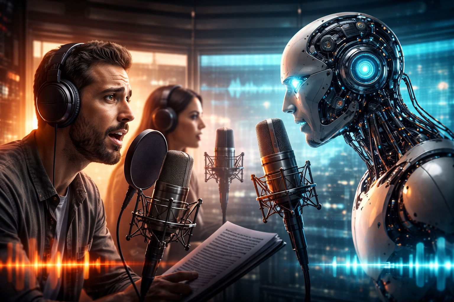 Actor de doblaje en un estudio de grabación frente a una figura robótica, simbolizando la tensión entre la voz humana y la inteligencia artificial en la industria audiovisual.